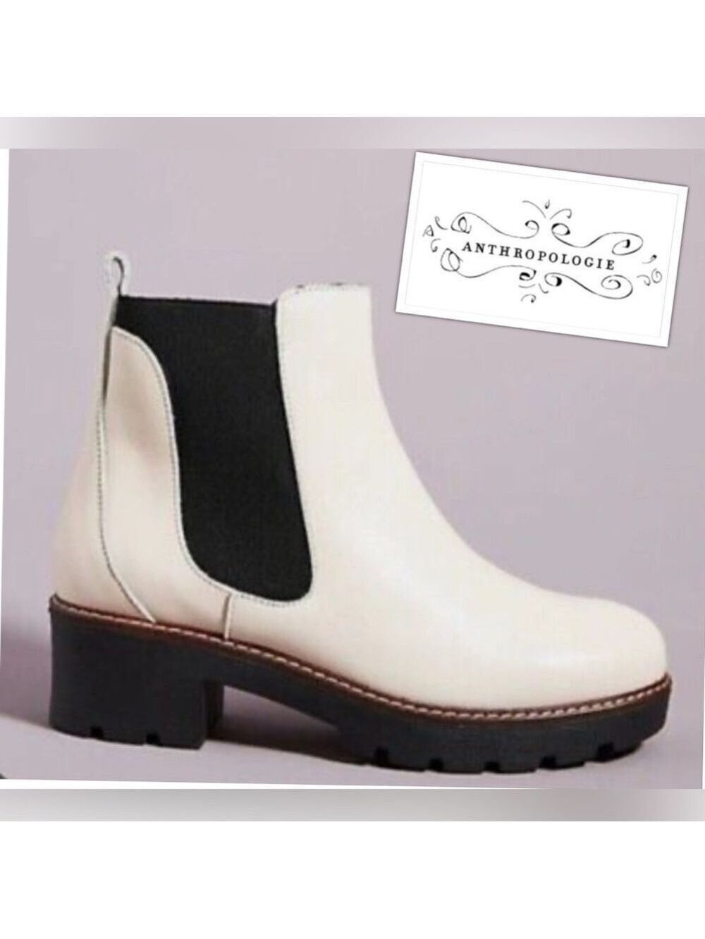 ANTHROPOLOGIE Dale Chunky Ivory Leather Chelsea Ankle Boot size EU 38 US 7.5
